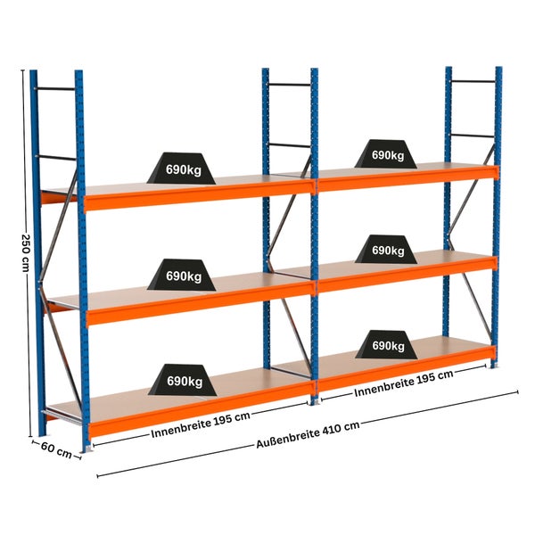 Lagerregal mit drei Ebenen und Maßangaben