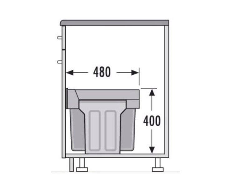 Maßskizze für Einbaumülleimer im Küchenschrank mit einer Breite von 480 Millimeter und einer Höhe von 400 Millimeter.