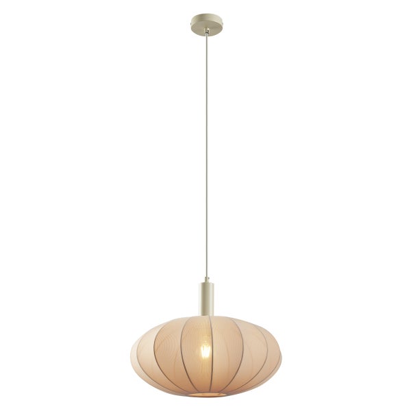 Pendelleuchte mit flachem, ovalem Textilschirm aus feinem Netzgewebe in Beige.