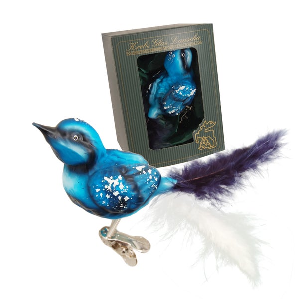Glasvogel Spatz, Blau, 7cm mit Echtfedern, 1 Stck.