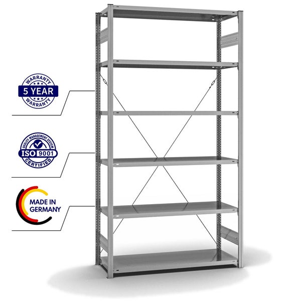 PROREGAL Fachbodenregal Stecksystem T-Profil Light-Duty Grundregal HxBxT 250 x 130 x 50 cm 6 Ebenen Fachlast 185 kg Einseitig Nutzbar Verzinkt