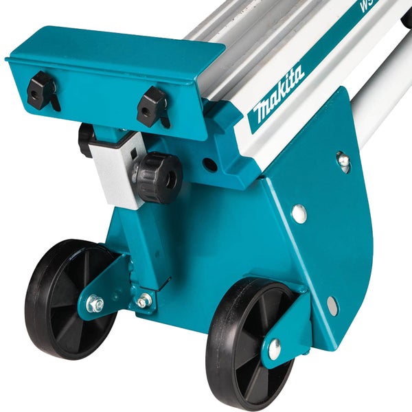 Makita Untergestell mit Transportrollen, Einstellknöpfen und Makita Logo.