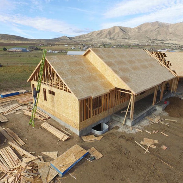 Haus im Holzrahmenbau während der Bauphase mit OSB-Platten an Wänden und Dach auf einer Baustelle mit Leiter und Holzresten.
