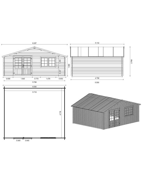 Technische Zeichnung eines Gartenhauses mit Frontansicht, Seitenansicht, Grundriss und 3D-Ansicht inklusive detaillierter Maßangaben.