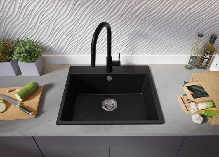 PRIMAGRAN Spülbecken Schwarz Metallic 58x50cm, Granitspüle 1 Becken + Ablauf-Set, Küchenspüle ab 60er Unterschrank - Riga