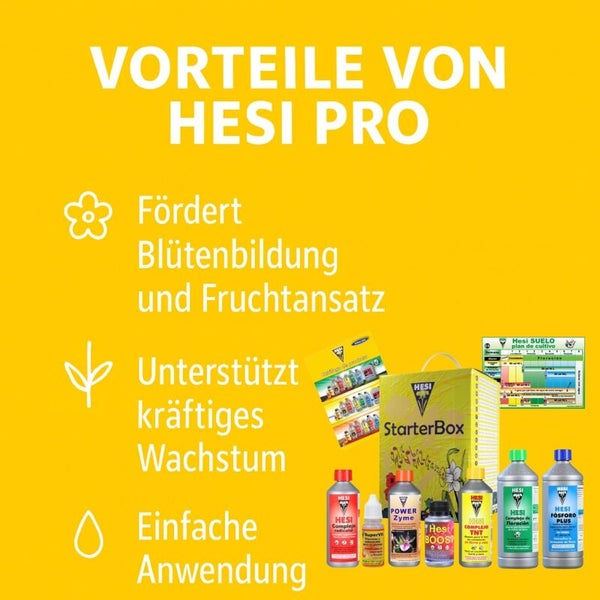 Vorteile von Hesi Pro Pflanzendünger und StarterBox: Fördert Blütenbildung und Fruchtansatz, unterstützt kräftiges Wachstum, einfache Anwendung.