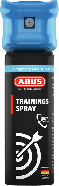 ABUS Trainingsspray ohne Reizstoff mit 360 Grad Technik zur Handhabungsschulung, schwarze Sprühdose mit blauem Sicherheitsverschluss, Made in Germany.