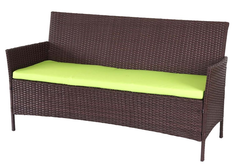 Gartenbank aus Polyrattan in Dunkelbraun mit hellgrüner Sitzauflage.