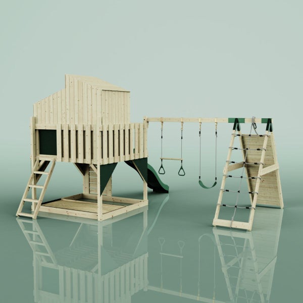 Holzspielplatz mit Spielhaus, Rutsche, Schaukel, Turnringen und Kletterwand