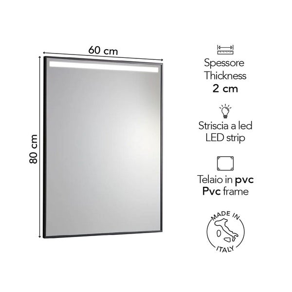 LED-Badezimmerspiegel mit schwarzem PVC-Rahmen, Maße 60 mal 80 Zentimeter, Tiefe 2 Zentimeter, mit integrierter LED-Leiste oben.