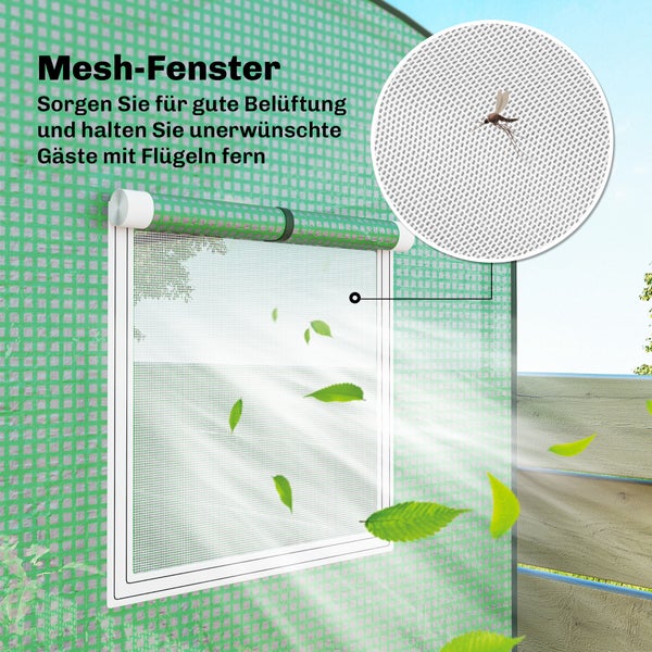 Mesh-Fenster am Gewächshaus sorgt für Belüftung und Insektenschutz, dargestellt durch wehende Blätter und ein Insekt auf dem Gitter.