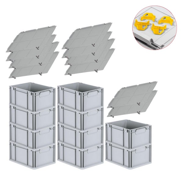 PROREGAL Spar Set 10x Eurobox Nextgen Economy Mit Auflagedeckel & 4x Schiebeschnappverschlüsse Gelb Griffe Geschlossen HxBxT 22 x 30 x 40 cm 20 Liter