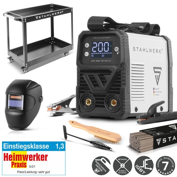 Stahlwerk ARC 200 MD Digital Schweißgerät Set mit Schweißwagen, Schweißhelm, Elektroden, Drahtbürste, Schlackenhammer und sieben Jahre Garantie.