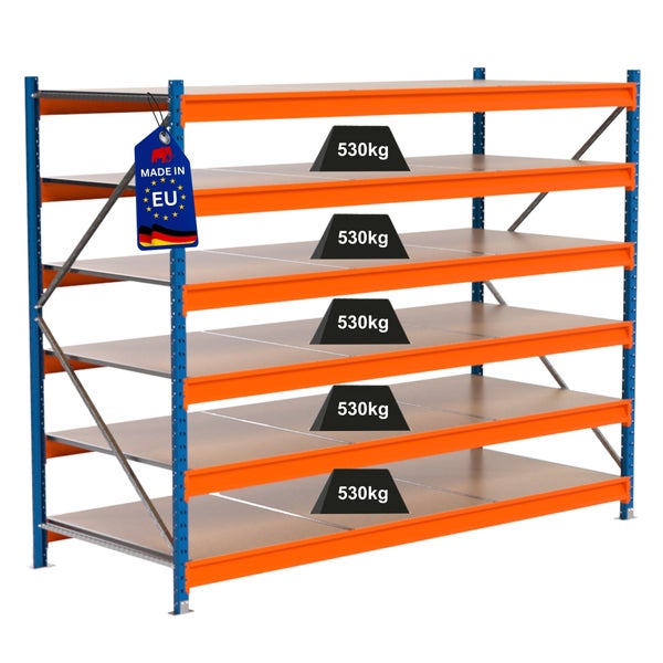 Lagerregal mit fünf Ebenen und einer Traglast von 530 Kilogramm pro Ebene sowie einem Made in EU Siegel