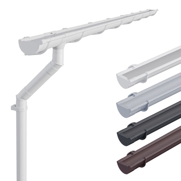 Halbrunde Kunststoff-Dachrinne mit Fallrohr und Zubehör in verschiedenen Farben.