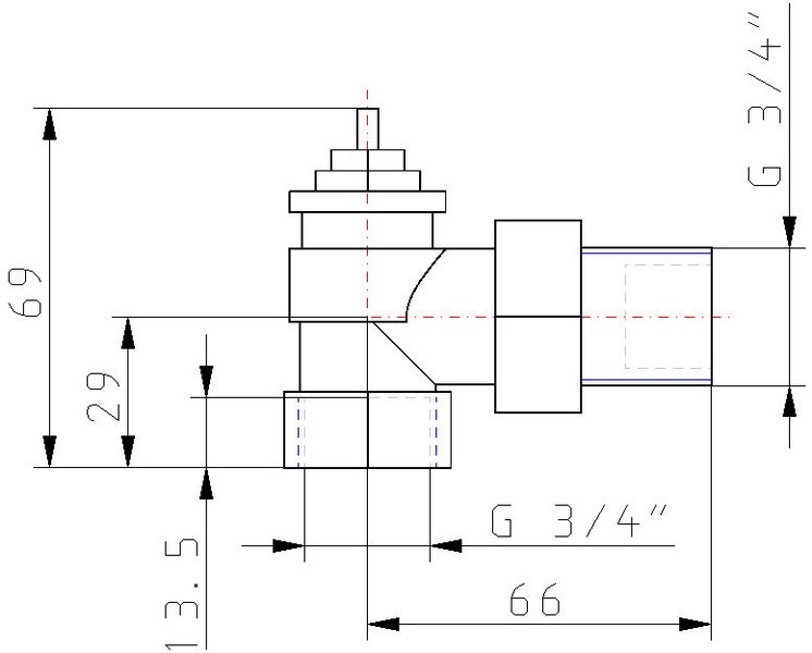 Technische Zeichnung einer Armatur mit Maßangaben in Millimetern und G 3/4 Zoll Anschluss.
