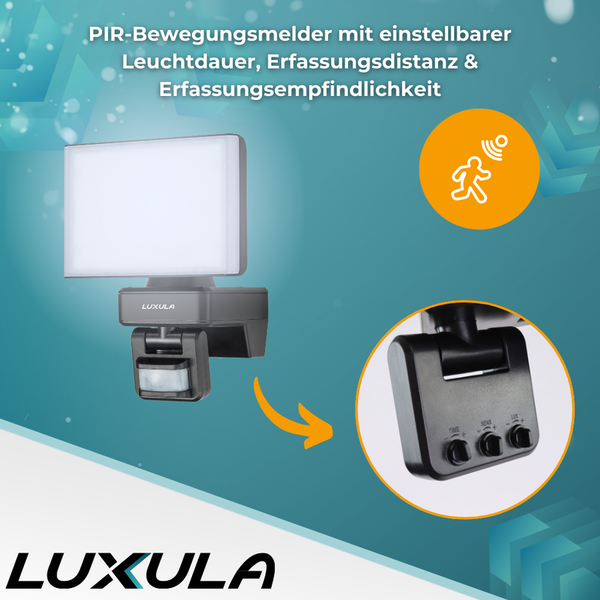 PIR-Bewegungsmelder mit einstellbarer Leuchtdauer, Erfassungsdistanz und Erfassungsempfindlichkeit.