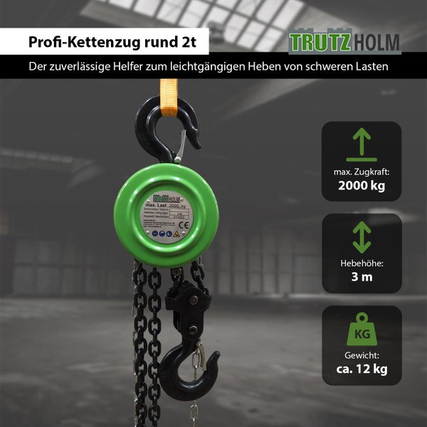 TrutzHolm Profi Kettenzug mit 2 Tonnen Zugkraft, 3 Meter Hebehoehe und 12 Kilogramm Eigengewicht zum Heben von schweren Lasten.