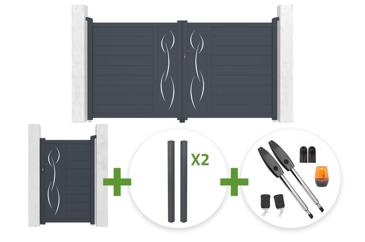 Set aus Aluminium-Doppelflügeltor, Gartentür, zwei Pfosten und elektrischem Torantrieb inklusive Fernbedienungen und Warnleuchte.