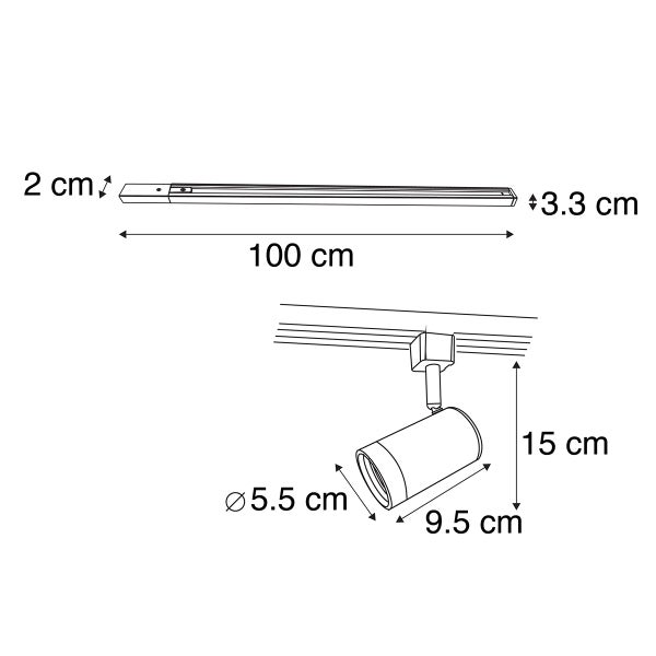 Maßzeichnung Schienensystem: Schiene 100 Zentimeter lang, Strahler 15 Zentimeter hoch, 9,5 Zentimeter lang, Durchmesser 5,5 Zentimeter.