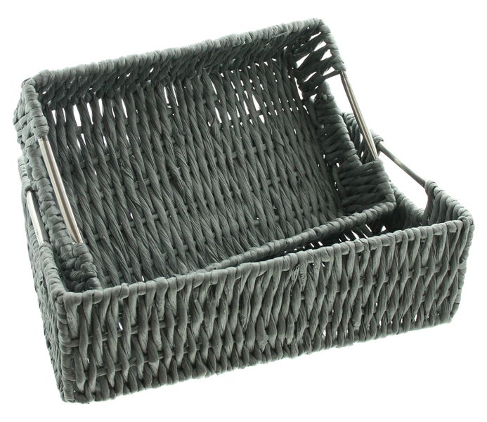 FRANK FLECHTWAREN | Schale Grau, 2er Set, PAPIERSCHNUR, METALL, 29 x 19 x 8 cm, 33 x 23 x 10 cm