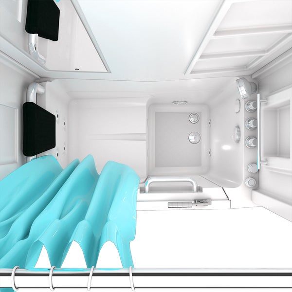Draufsicht auf eine weiße begehbare Badewanne mit blauem Duschvorhang, integriertem Sitz, Haltegriffen und Armaturen.