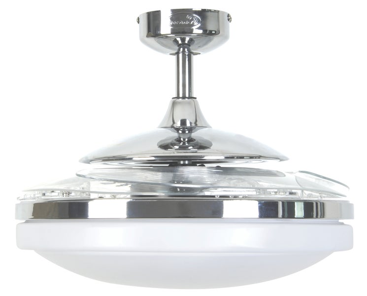 Deckenventilator mit ausklappbaren Flügeln und integrierter Deckenleuchte in moderner Metallausführung zur Montage an der Decke.