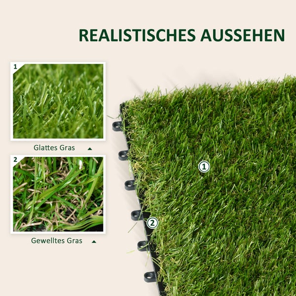 Outsunny Kunstrasen, 10 Stücke Rasenteppich für Balkon, Garten, 30 x 30 cm, Kunststoff, Dunkelgrün