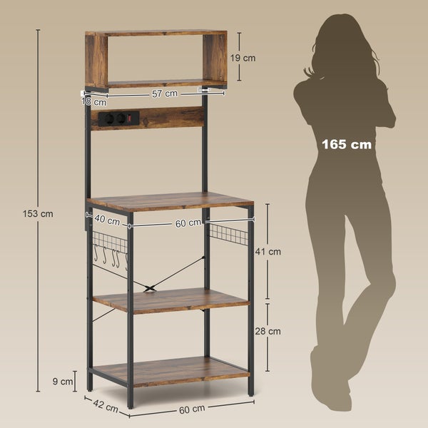 Küchenregal aus Metall und Holz mit Steckdosenleiste und Haken, Maße: Höhe 153 Zentimeter, Breite 60 Zentimeter, Tiefe 42 Zentimeter.