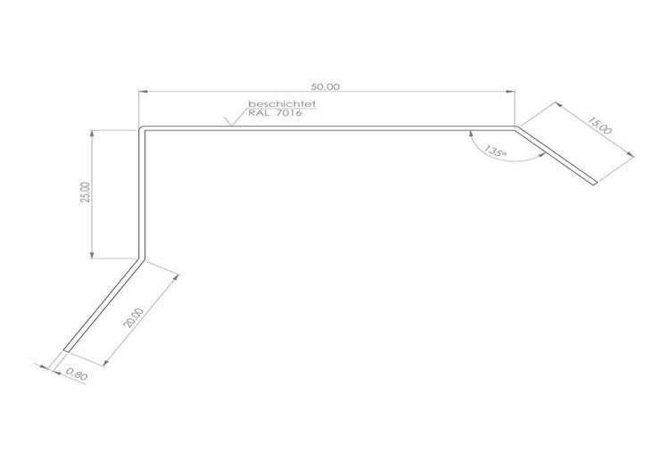 Technische Zeichnung eines beschichteten Metallprofils mit Maßangaben in Millimetern und einem 135 Grad Winkel.