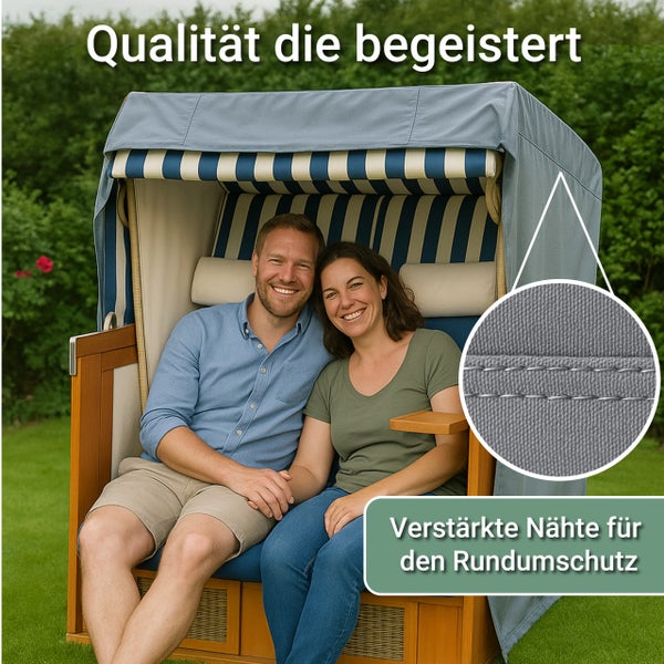 Paar im Strandkorb aus Holz mit gestreiften Polstern. Detailansicht zeigt verstärkte Doppelnähte des grauen Bezugs für Rundumschutz.