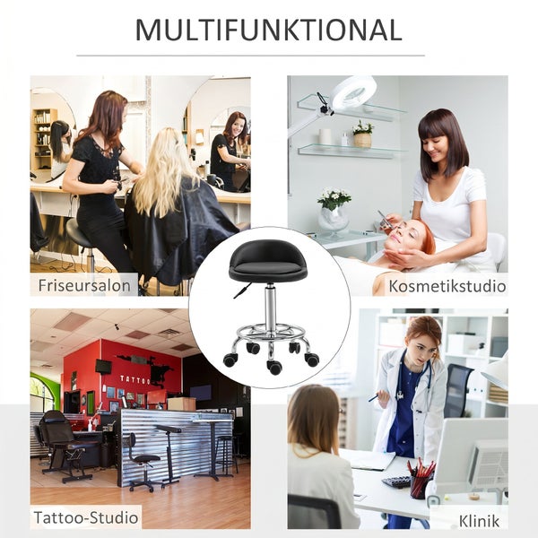 Multifunktionaler Rollhocker mit Rückenlehne und Fußring, geeignet für Friseursalon, Kosmetikstudio, Tattoo-Studio und Klinik.