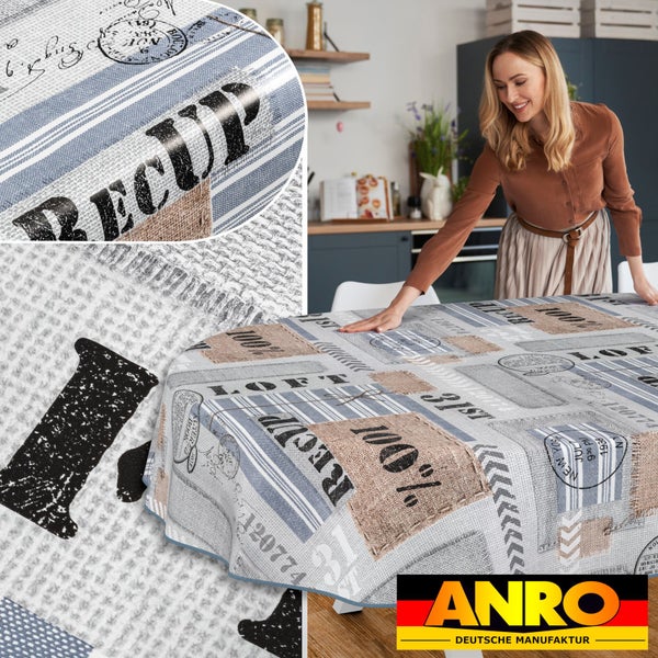 Dekorativer runder Tischbelag mit Aufdruck und Frau im Hintergrund.