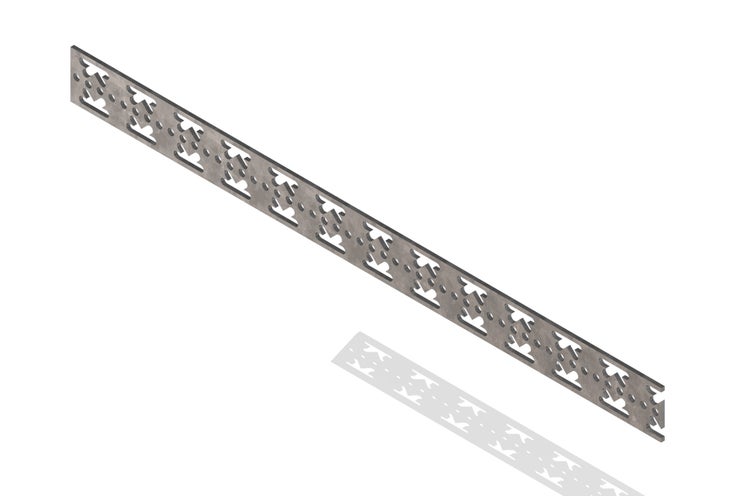 Lochband aus Metall für Bauvorhaben mit einem Muster aus Rundlöchern und Aussparungen aus verzinktem Stahl.