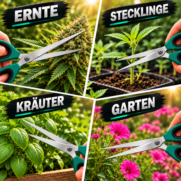Vier geteilte Ansicht einer Gartenschere beim Einsatz zur Ernte, für Stecklinge, zum Kräuterschneiden und für allgemeine Gartenarbeiten.