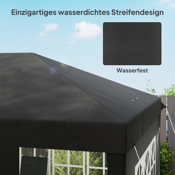 Schwarzes Pavillondach mit wasserfestem Material und Streifendesign.