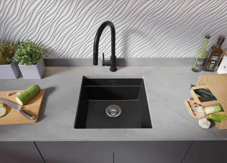 PRIMAGRAN Unterbauspüle Granit Anthrazit 46x47cm, Spülbecken 1 Becken + Ablauf-Set + Aufrollbare Abtropffläche, Granitspüle ab 50er Unterschrank - Praga