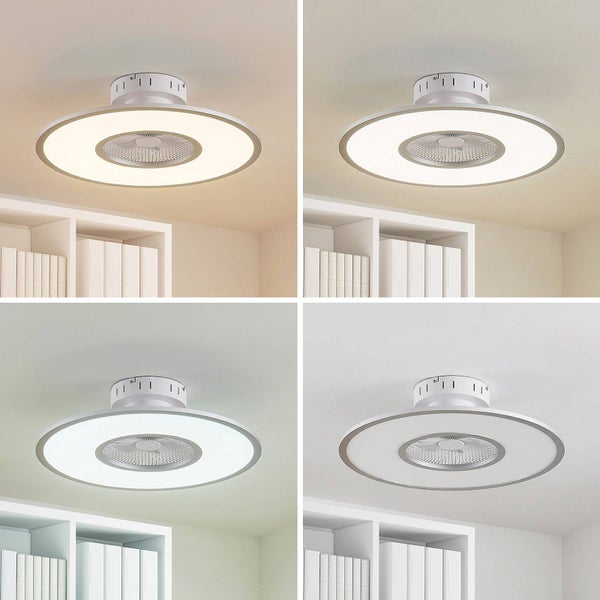 Moderne runde Deckenleuchte mit integriertem Ventilator, vier Ansichten mit verschiedenen einstellbaren Lichtfarben über einem weißen Regal.