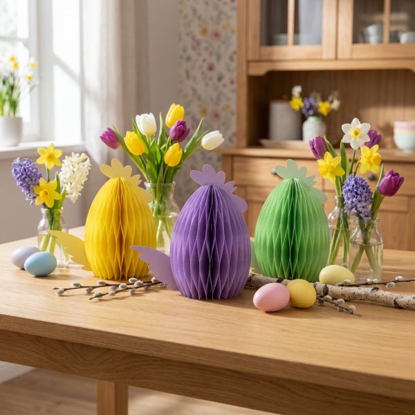 Osterdekoration mit drei Wabenpapier Figuren in Ei Form, ergänzt durch Blumensträuße und gefärbte Ostereier auf einem hölzernen Tisch.