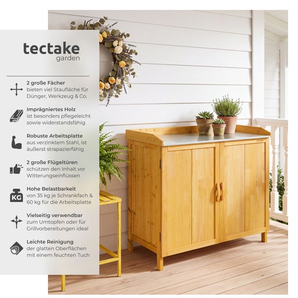 tectake Logo, Gartenschrank aus imprägniertem Holz mit Arbeitsplatte aus verzinktem Stahl, zwei Türen und Details zur Belastbarkeit.