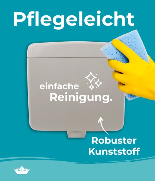 Spülkasten aus Kunststoff wird mit einem Schwamm gereinigt, Text weist auf einfache Reinigung und robustes Material hin.