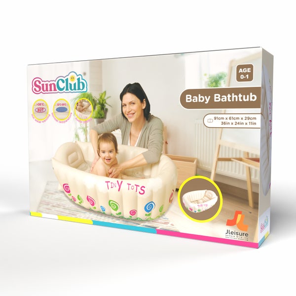 SunClub aufblasbare Babybadewanne Tiny Tots für Kinder von 0 bis 1 Jahr mit Maßen von 91 cm mal 61 cm mal 29 cm auf Produktverpackung.
