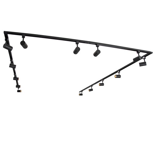 Schwarzes Schienensystem mit mehreren verstellbaren zylindrischen LED-Strahlern aus Metall für die Deckenmontage.