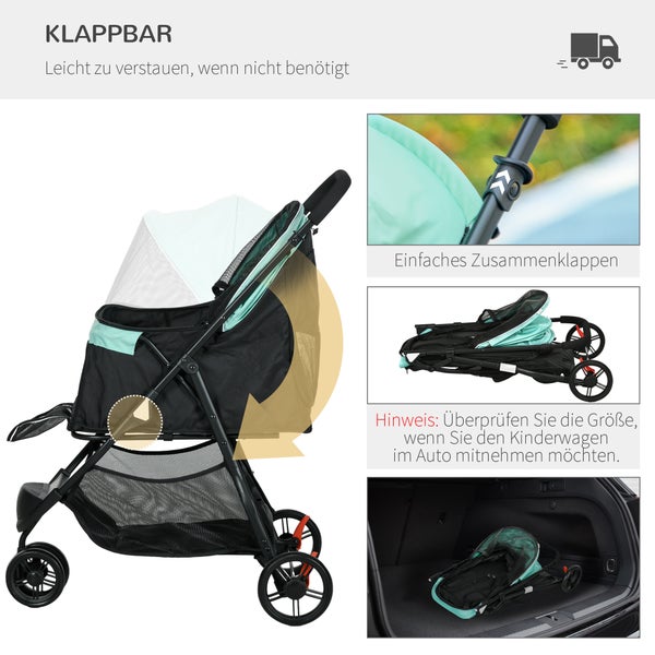 PawHut 2 in 1 Hundewagen Hundebuggy mit Regenschutz klappbar für Hunde & Katzen bis 10 kg Katzenbuggy mit Kissen Netzfenstern Türen Aufbewahrungskorb Katzenwagen Buggy Grün