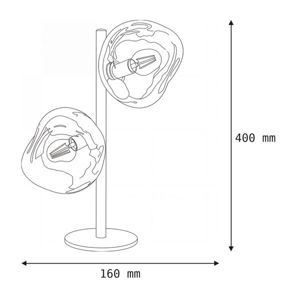Technische Zeichnung einer Tischleuchte mit zwei organischen Glasschirmen. Maße: Höhe 400 Millimeter, Breite 160 Millimeter.