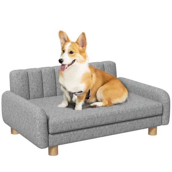 PawHut Hundesofa Haustiersofa Hundecouch Hundebett mit weichem Kissen, Erhöhter Hundesessel für mittelgroße Hunde, Leinenimitat, Grau, 94 x 61 x 40 cm