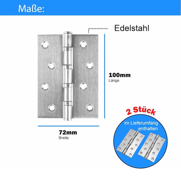 Türscharnier aus Edelstahl mit 100 Millimeter Länge und 72 Millimeter Breite im Set mit zwei Stück