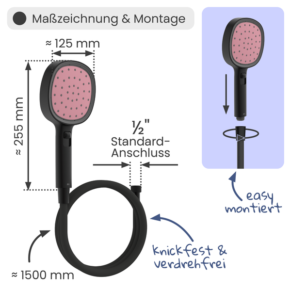 Maßzeichnung Handbrause. Höhe circa 255 Millimeter, Breite 125 Millimeter. Schlauch 1500 Millimeter. Ein halber Zoll Anschluss. Einfache Montage.