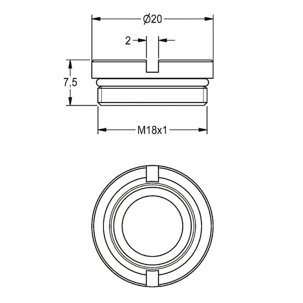 Technische Zeichnung einer Verschlusskappe mit metrischem Gewinde M18 mal 1 mit einem Durchmesser von 20 Millimetern und einem Schlitz.