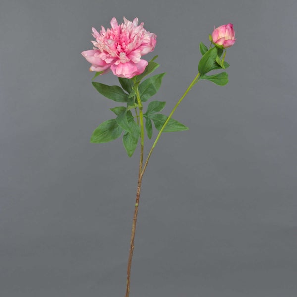 Rosa künstlicher Pfingstrosenzweig mit einer offenen Blüte, einer Knospe und grünen Blättern.